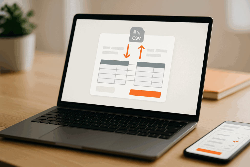 CSV-Datenimport auf Laptop mit Excel- oder Tabellen-Software, Icons mit Download und Upload, effiziente Datenverwaltung, digitaler Workflow, professionelle Datenanalyse, Robind Vieregge, Optima.