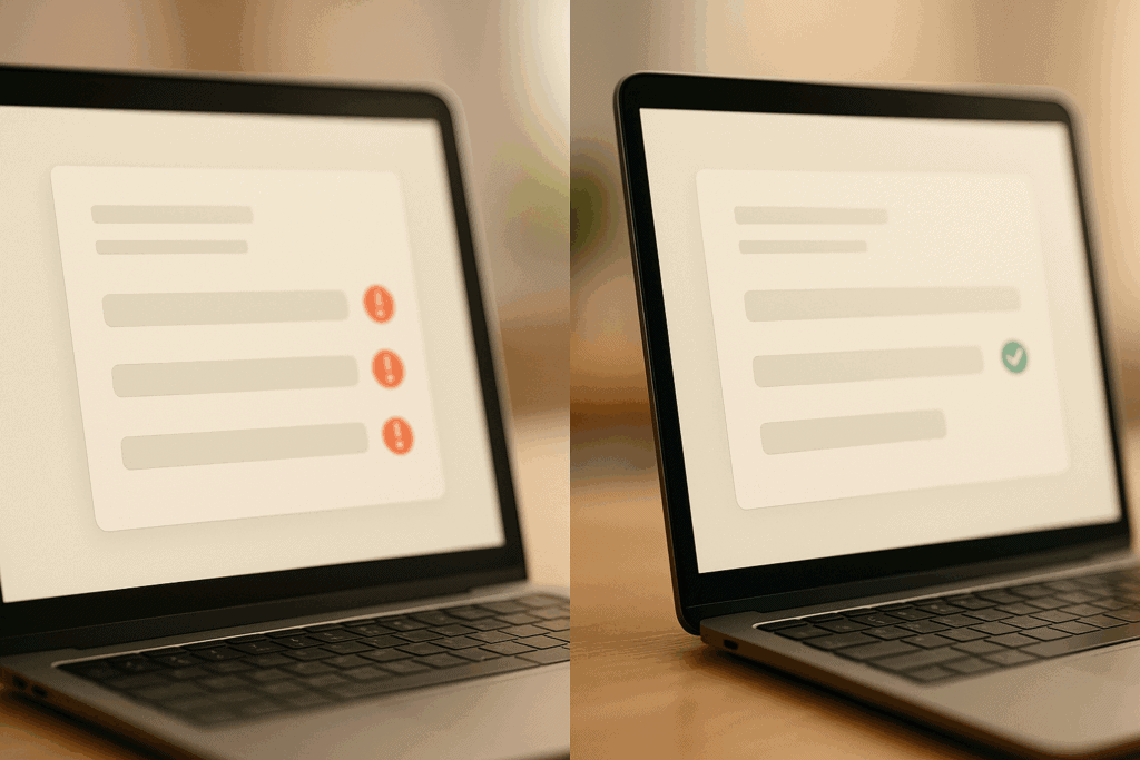 Fehlerhafte und korrekte Software-Checks auf einem Laptop, symbolisiert durch Warn- und Erfolgssymbole, wichtig für Systemoptimierung und Sicherheit.