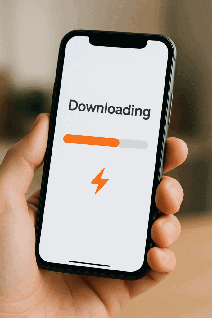 Download-Symbol auf Smartphone bei einem Download-Vorgang, symbolisiert digitale Technologien und mobile Nutzung.