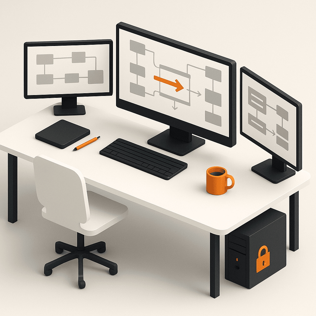 Drei Monitore mit Flussdiagrammen, Büroarbeitsplatz mit Maus, Tastatur, Schreibstift, Notizblock, Kaffeetasse und PC mit Schloss-Symbol, fokussiert auf Prozessoptimierung und Datensicherheit.
