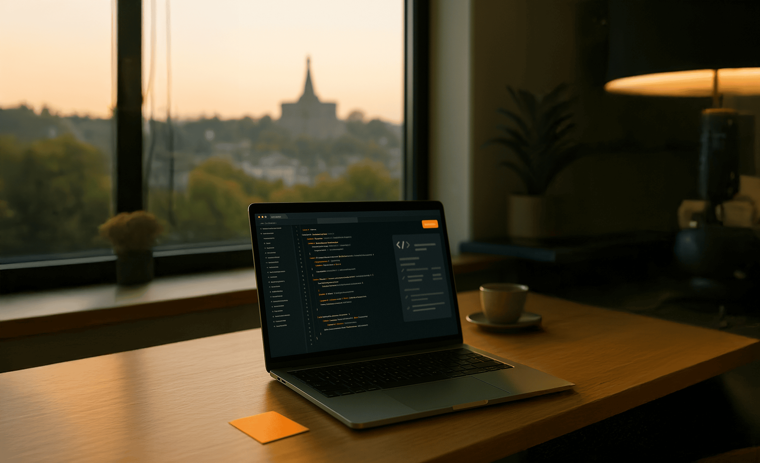 Innovatives Arbeiten mit Laptop an fensterfront, Blick auf die Stadt, kreative Büroumgebung, moderne Arbeitsweise, Fokus auf Technologie und Design.