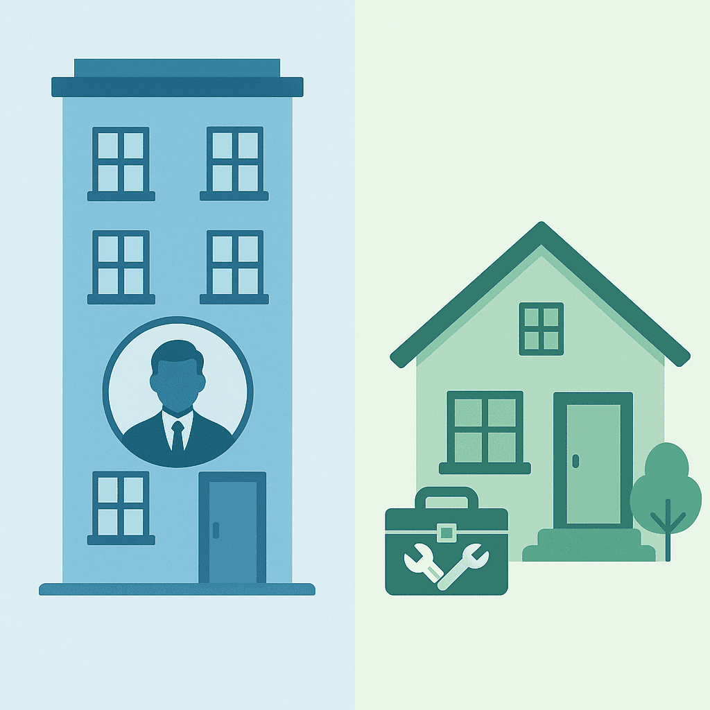 Moderne Gebäude auf einer digitalen Illustration – Fokus auf Immobilien, Hausverwaltung und digitale Services.