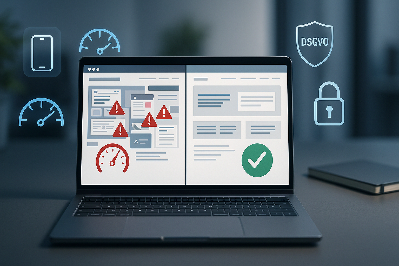 Fehleranalyse und IT-Sicherheit bei Webseiten, DSGVO-Konformität, Schutz vor Cyberangriffen, Webseiten-Optimierung, Datenschutz-Management.